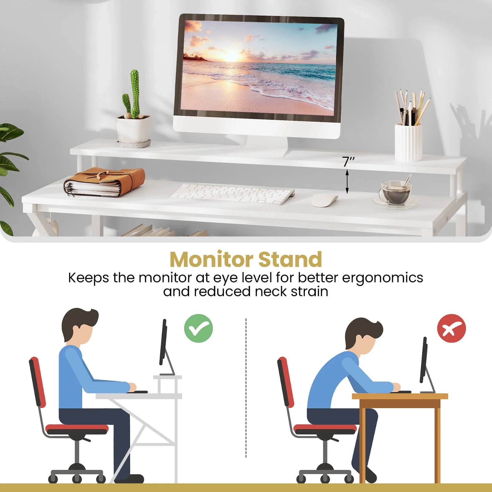 Costway Home Office Desk with Monitor Stand, Open Shelf & Metal Frame, Earphone Hook White