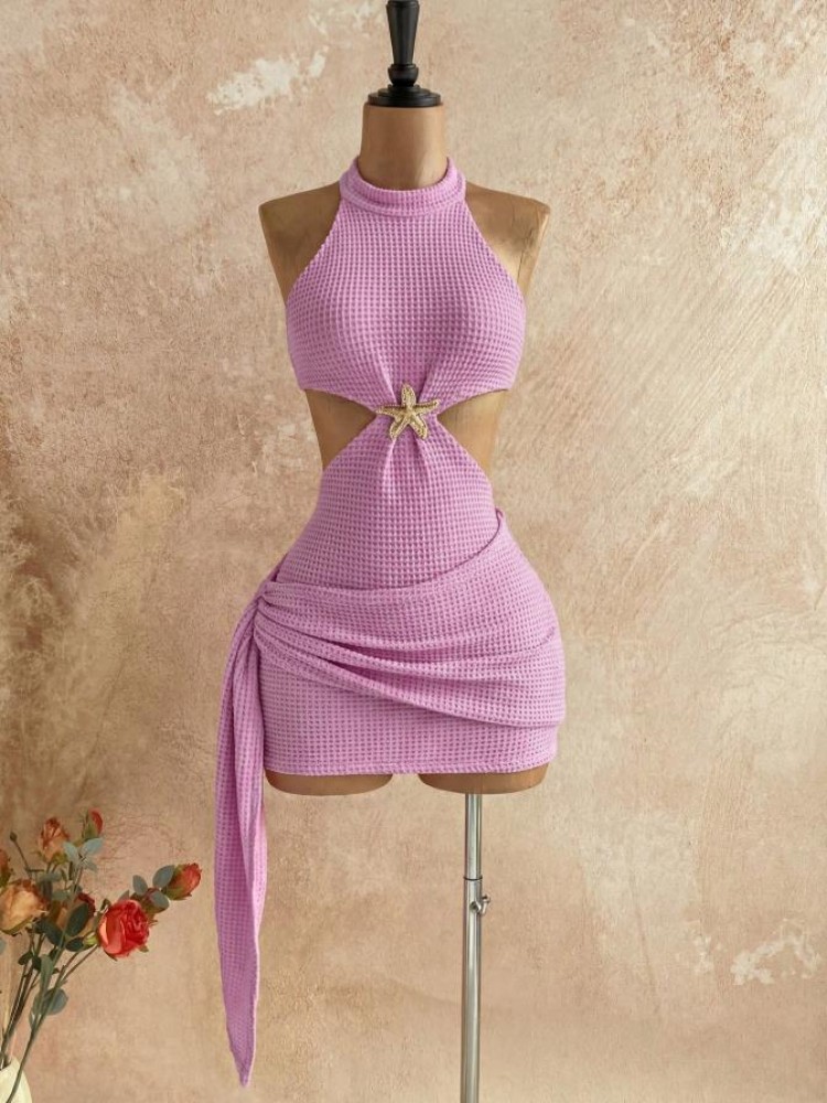 Star Metal Decor Halter Backless Mini Dress