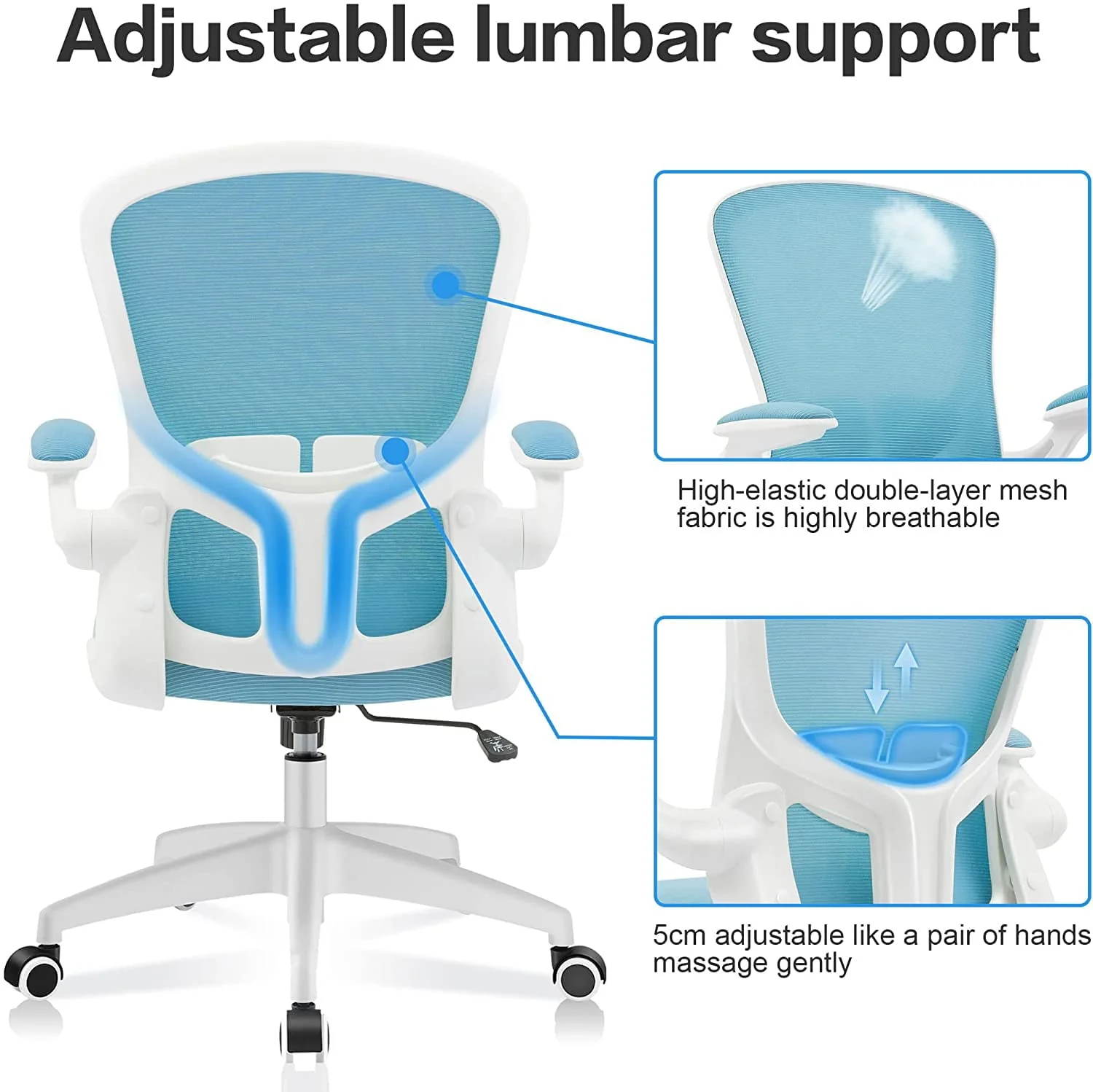 CoolHut Office Chair with Lumbar Support and Flip-up Arms, Ergonomic Desk Chair, Blue