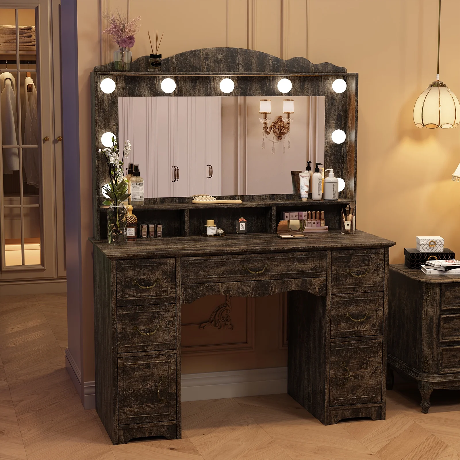Vanity Desk with Mirror and Light 1 Piece Bohemian White Vanity Table,French Country Style
