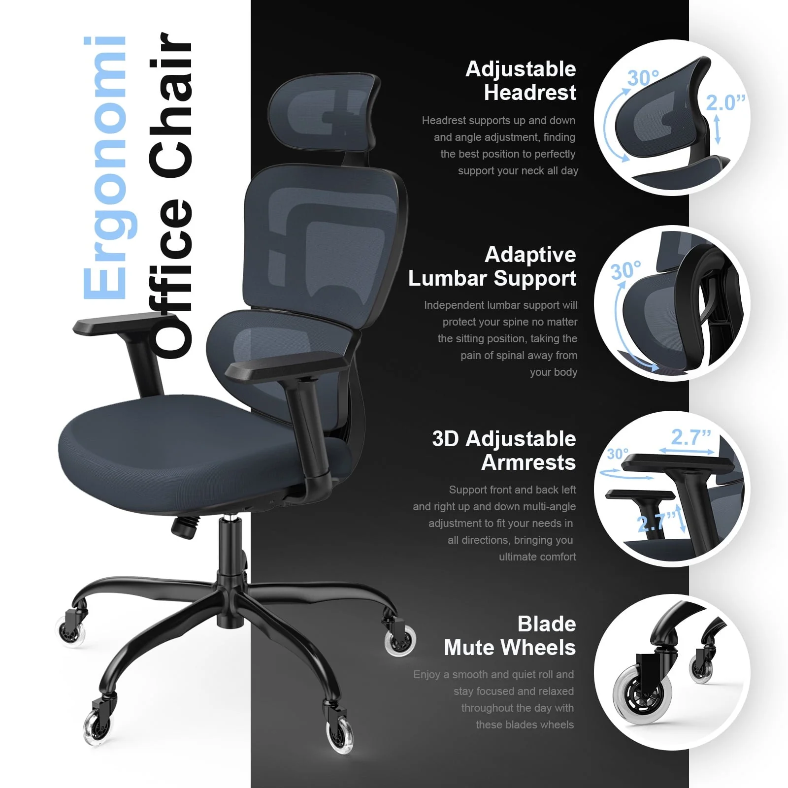 Lioncin Ergonomic Office Chair, Breathable Mesh Desk Chair, Lumbar Support Computer Chair with Wheels and 3D Adjustable Armrest, Swivel Task Chair,Dark Gray