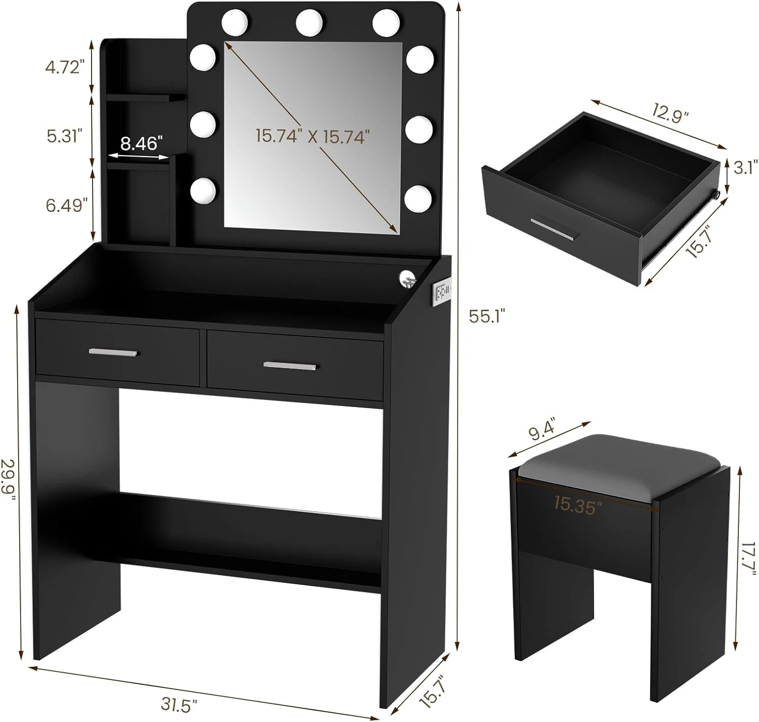 OYang Makeup Vanity with Lights, Vanity Desk with Mirror and Lights Set, Large Drawer and Two-Tier Lots Storage Cabinet, 3 Lighting Modes Adjustable Brightness