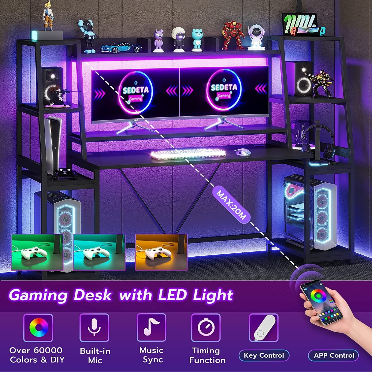 SEDETA 78.8'' Gaming Desk with Hutch and Storage Shelves,LED Lights Computer Desk Gamer Desk, Black
