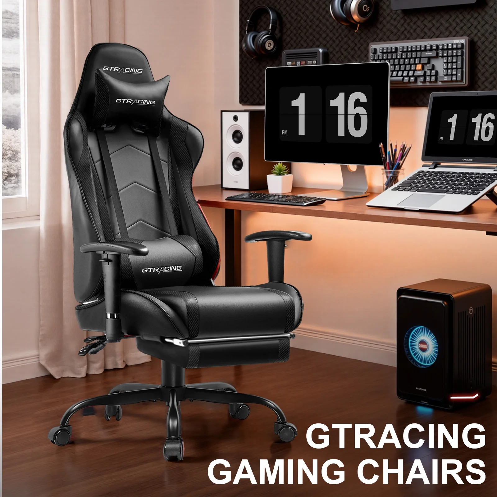 GTRACING Gaming Chair, Ergonomic Office Desk Chair with Lumbar Support, PU Leather, Footrest & Adjustable Headrest, Red