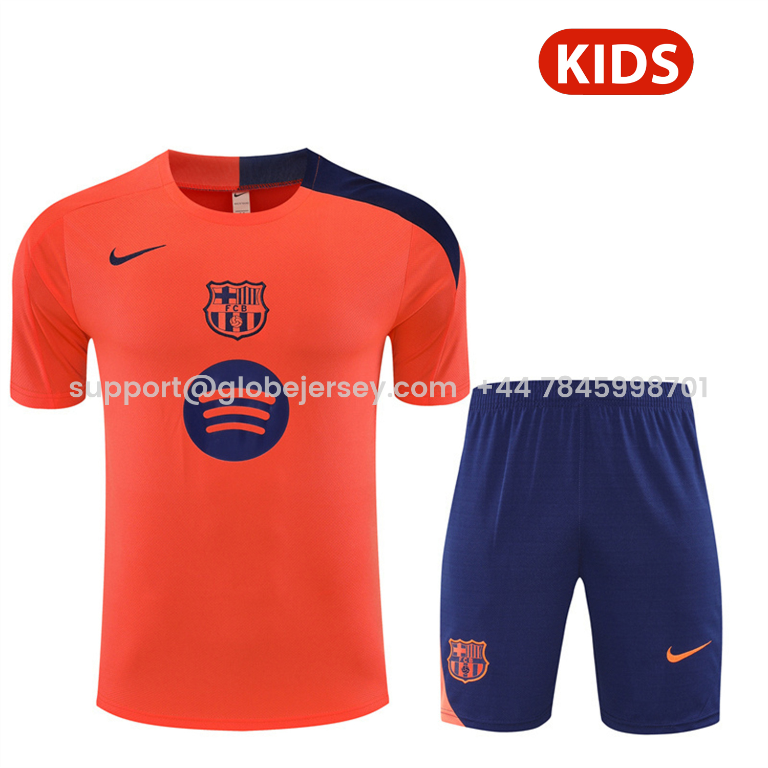 Barcelona 25-26 Kids Short-Sleeve Training Set - Orange Top Royal Blue Sponsor & Royal Blue Shorts