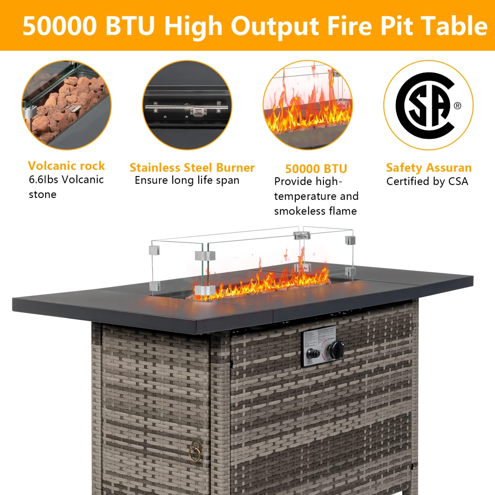 43 in Propane Fire Pit Table, 50,000 BTU Auto-Ignition Fire Pit Table, Gas Fire Pits for Outside with Glass Stone and Waterproof Cover, Grey Rattan, CSA Certification for Garden/Patio/Backyard