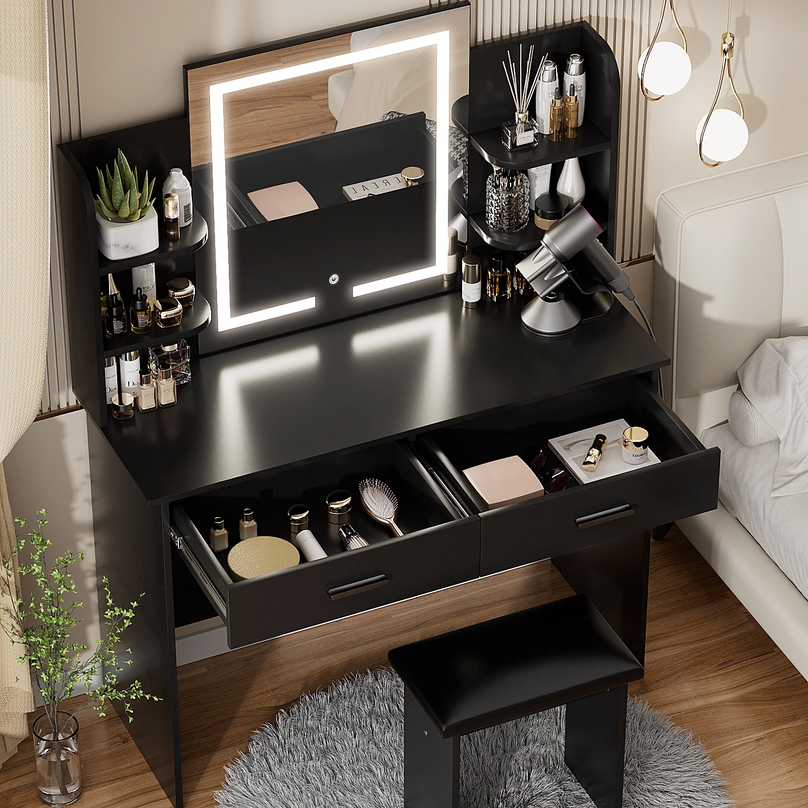 RichYa Modern Makeup Vanity Set with Lights Mirror and Drawers,White Makeup Desk,Dressing Table