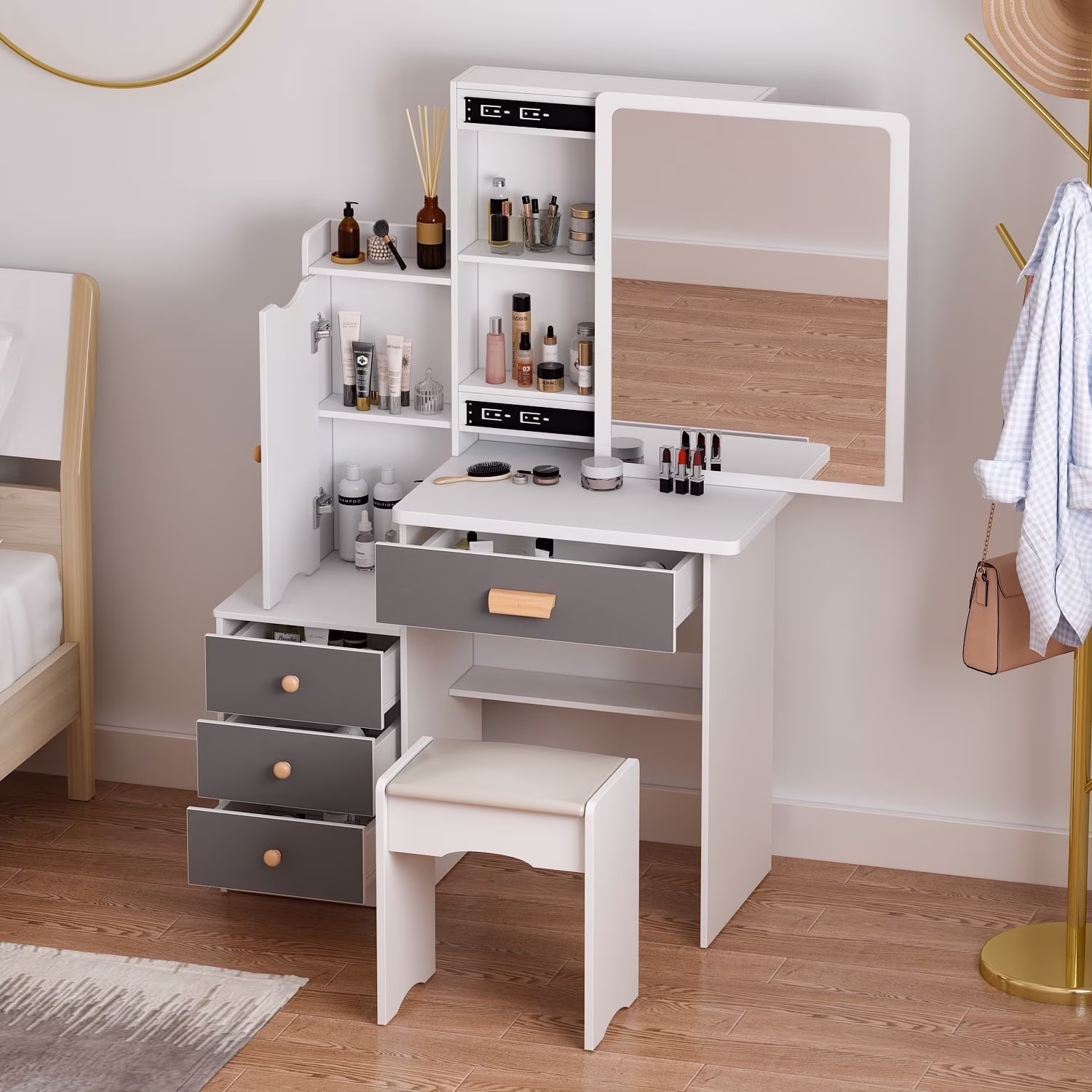 MONSLIPA Makeup Vanity Desk Set w/ Light, Sturdy Dressing Vanity Table with Bench, Shelves & Drawers