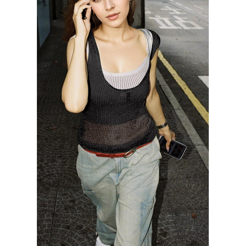 Women Sexy Fishnet Knit Glittering Scoop Neck Crop