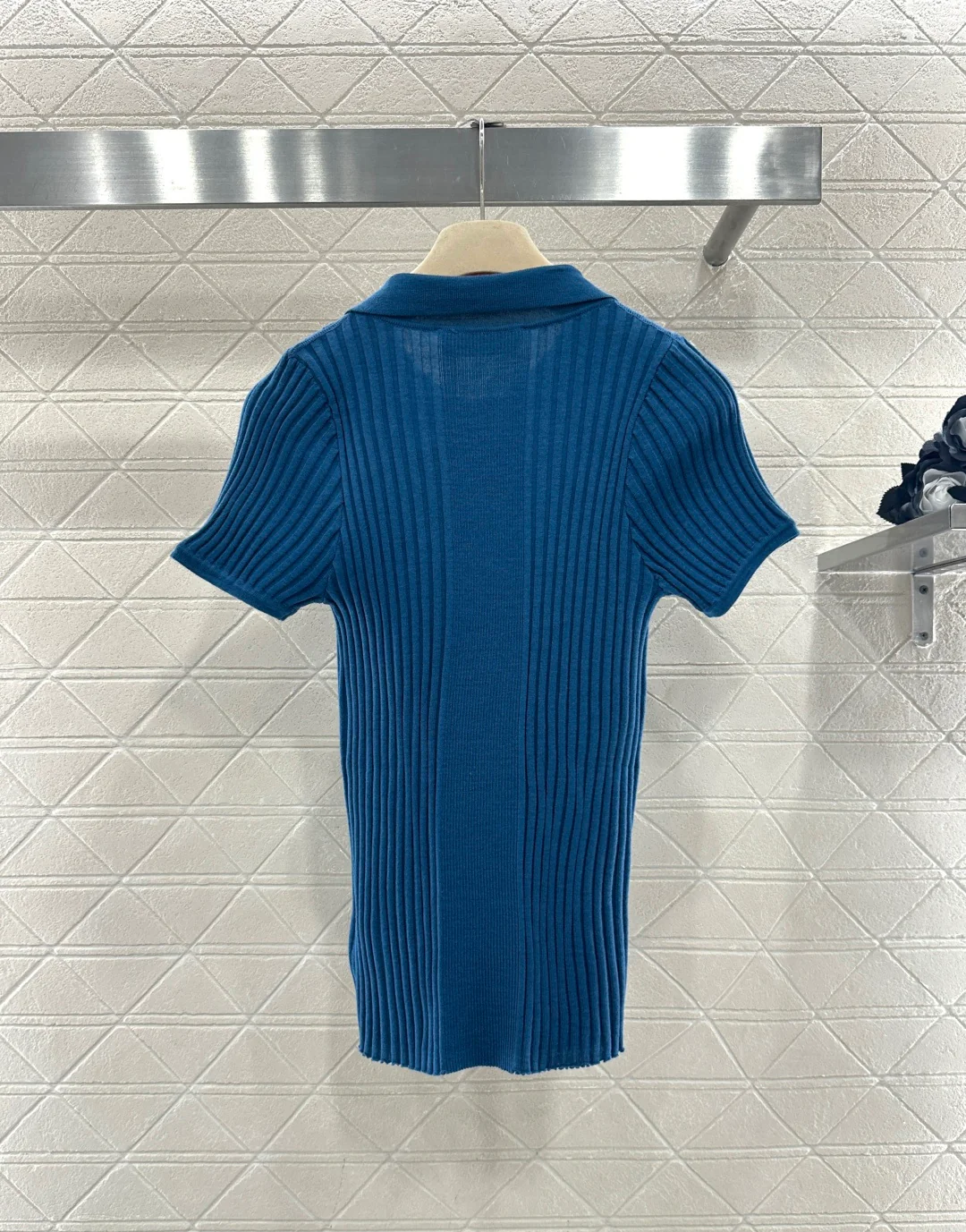 26NEW Collared Half-Open Placket Ribbed Short-Sleeve Knit