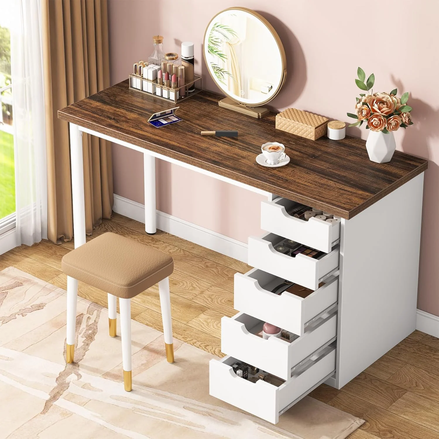 Tribesigns 47 inches Vanity Desk with 5 Drawers, Rustic Makeup Dressing Table with Storage, Modern Simple Computer Desk for Women, Girls (Brown)