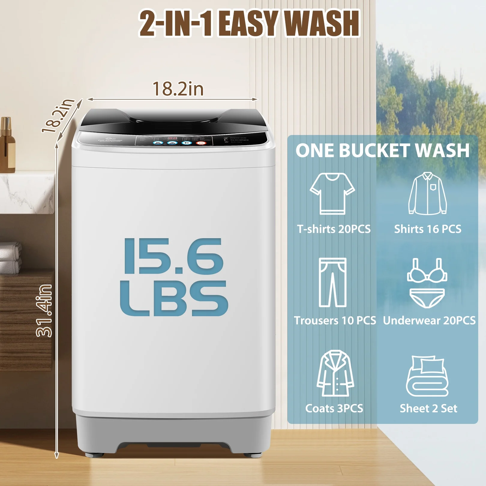 Qhomic Portable Washing Machine, 15.6lbs Dryer & Washer Combo, 10 Programs 8 Water Level Fully Automatic Washing Machine for RVs, Apartments, Home