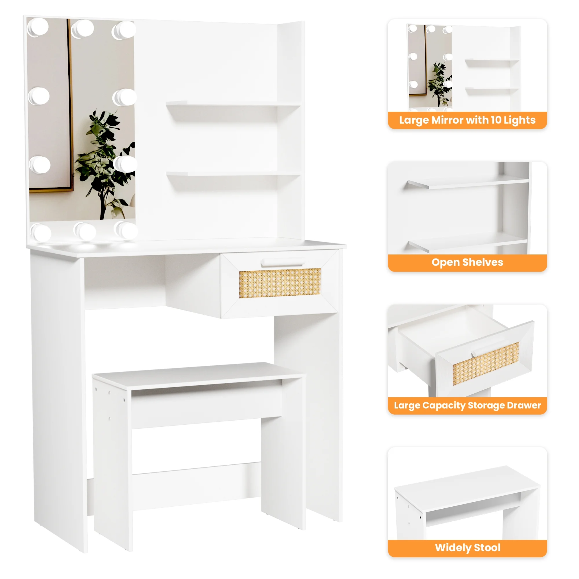 Resenkos Vanity Desk Set with Mirror and Lights for Makeup, 5 Drawers Storage Dresser for Bedroom, White