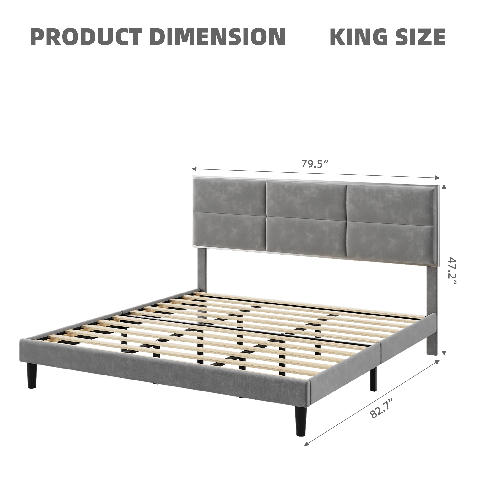 Homhougo King Size Bed Frame Upholstered Platform, Bed Frame with Square Velvet Headboard, Wooden Slats Support, Non-Slip and Noise-Free, No Box Spring Needed, Easy Assembly(Light Gray)