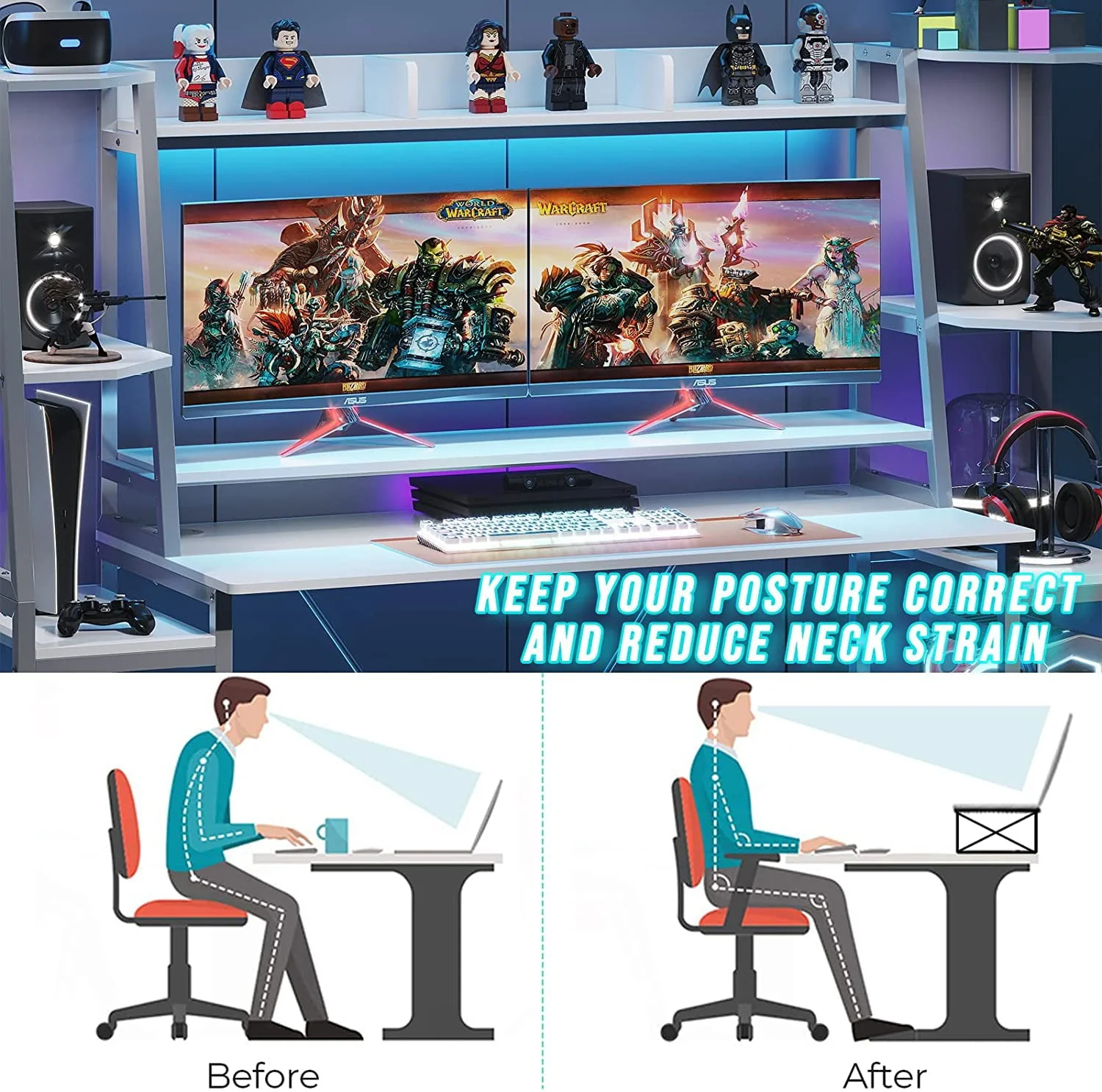 White Gaming Desk with LED Lights 78.8'' Computer Desk with Hutch & Monitor Stand Ergonomic Home Office Desk Table for Bedroom Living Room