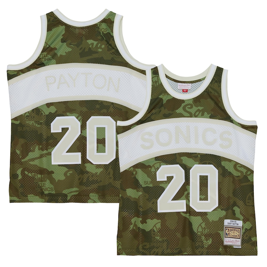 Men's Seattle SuperSonics Gary Payton Mitchell & Ness Camo Hardwood Classics 1984/85 Ghost Green Swingman Jersey