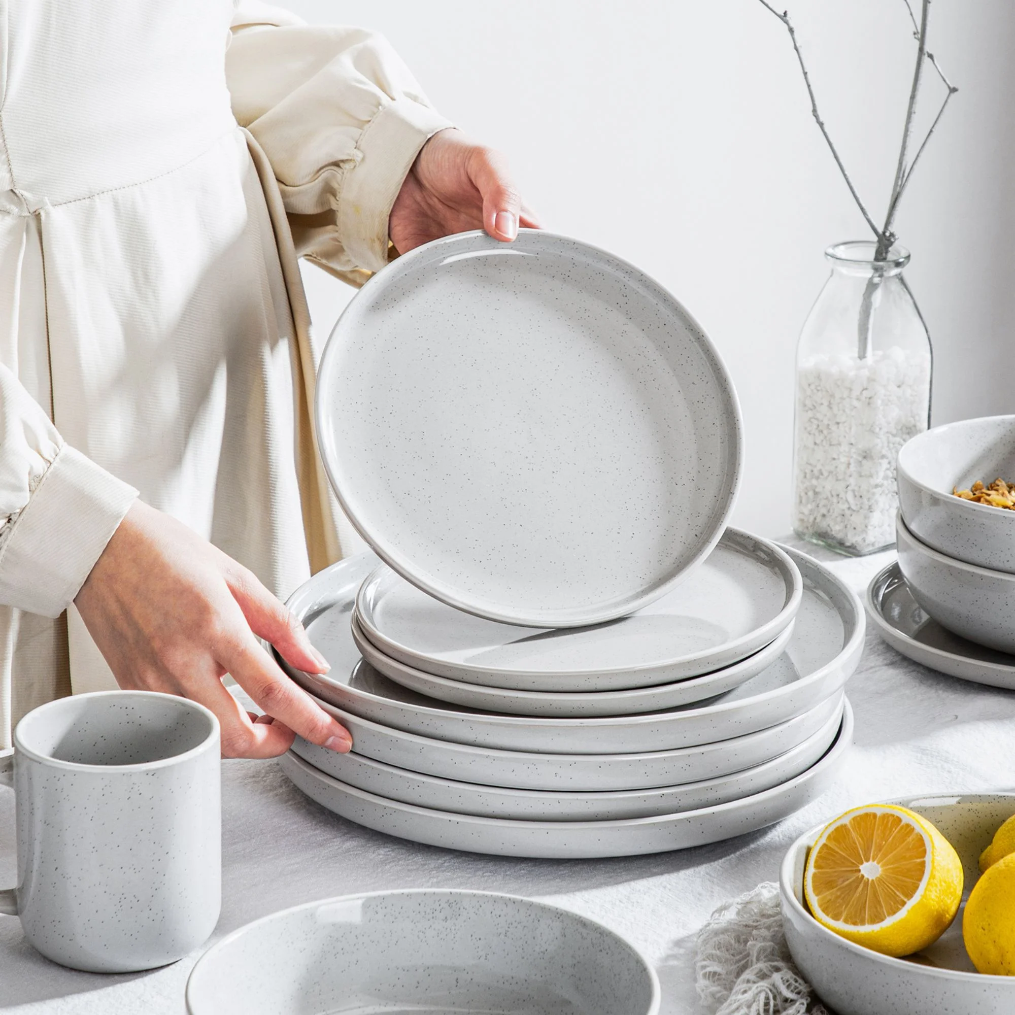 Vancasso, 32-Piece Stoneware Dinnerware Sets, Light Grey Dinner Set, Service for 8