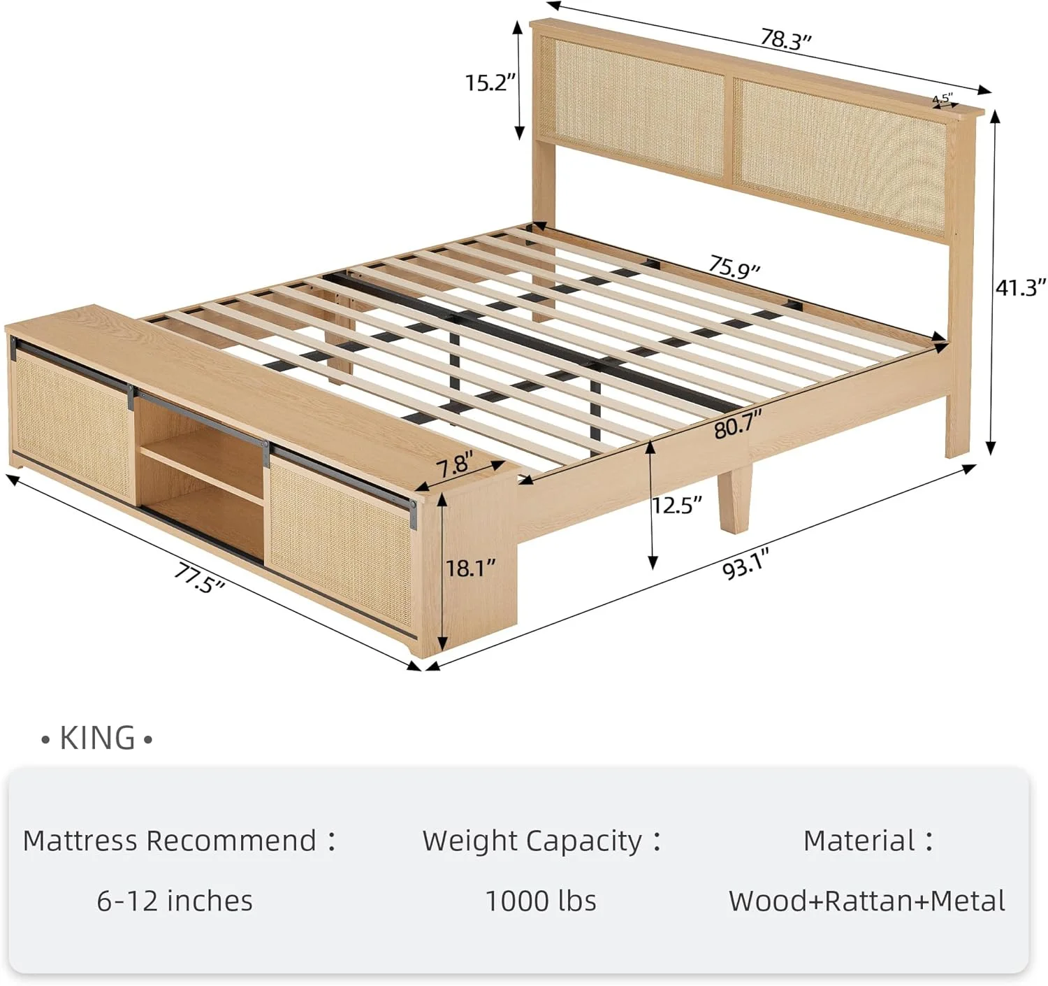 Rattan Bed Frame King with Sliding Barn Door Storage Cabinets Boho Bed Frame with Wood Legs Support  No Box Spring Needed Easy Assembly