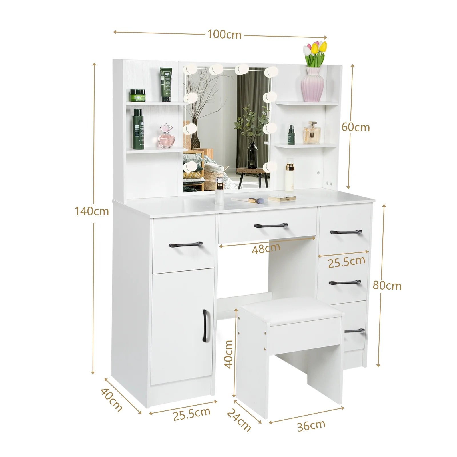 Yamissi Makeup Vanity with 3 Color Lights, Vanity Desk with Sliding Mirror, Vanity Set Makeup Table, Storage Drawers and Shelves, White
