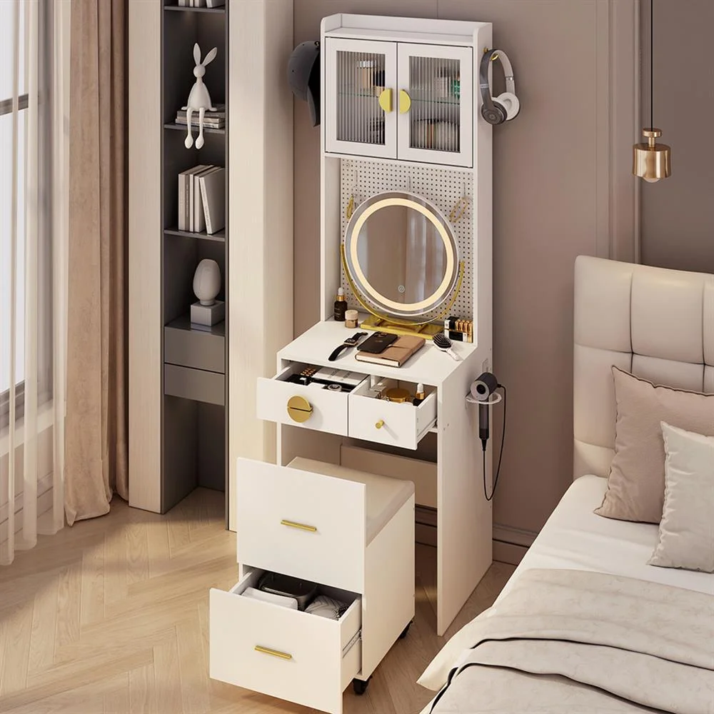 EDOEMSE Table & Chair Vanity Set, Vanity Set,Small Vanity Desk with Mirror and LED Lights, Makeup Table with Charging Station and drawers,Gray