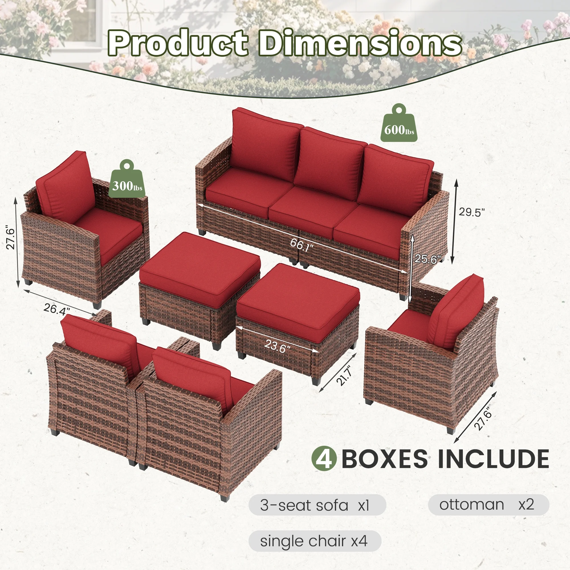 POTEBAN Patio Furniture Set, 7 Pieces Outdoor Sectional Sofa Couch with Chairs, Ottomans and Comfy Cushions, All Weather Wicker Rattan Patio Conversation Set for Garden Backyard Wine Red
