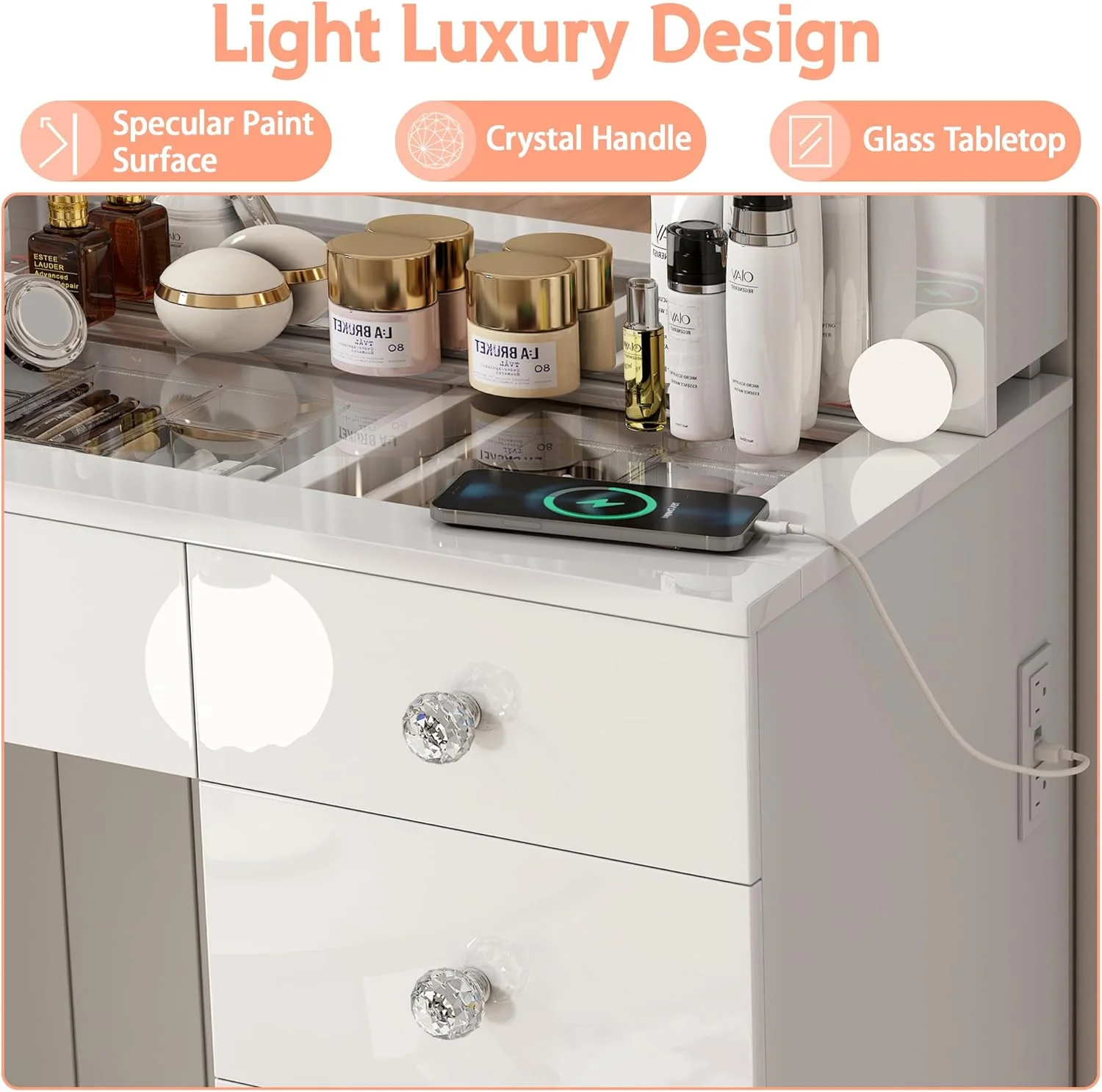 Linor Modern Adult Vanity Desk Set with Mirror, 14 LED Lights, 11 Drawers, Glass Top, White