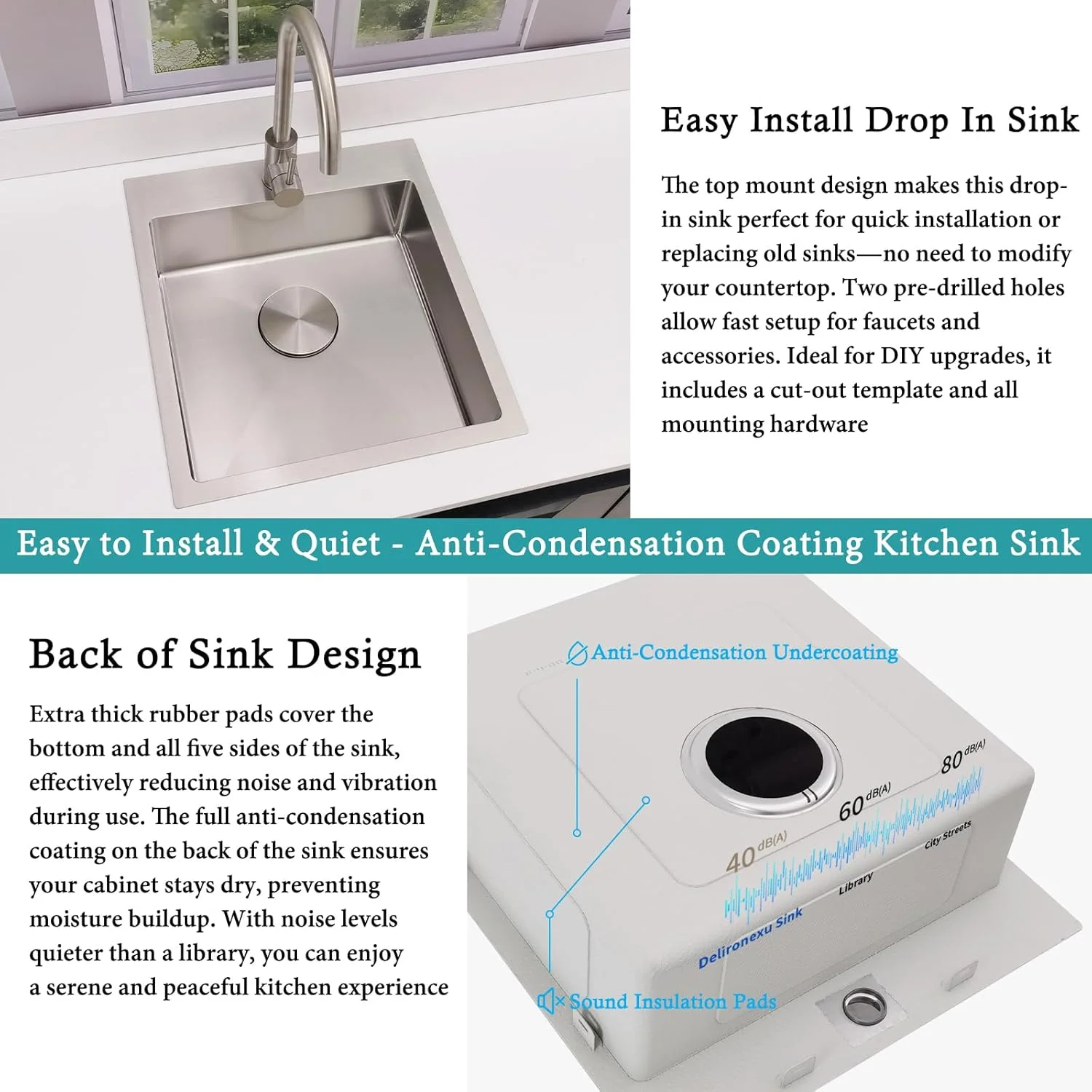 17 Inch Bar Sink Drop In �C  Small Kitchen Sink, Modern 18 Gauge Stainless Steel sink with Brushed Finish, 17