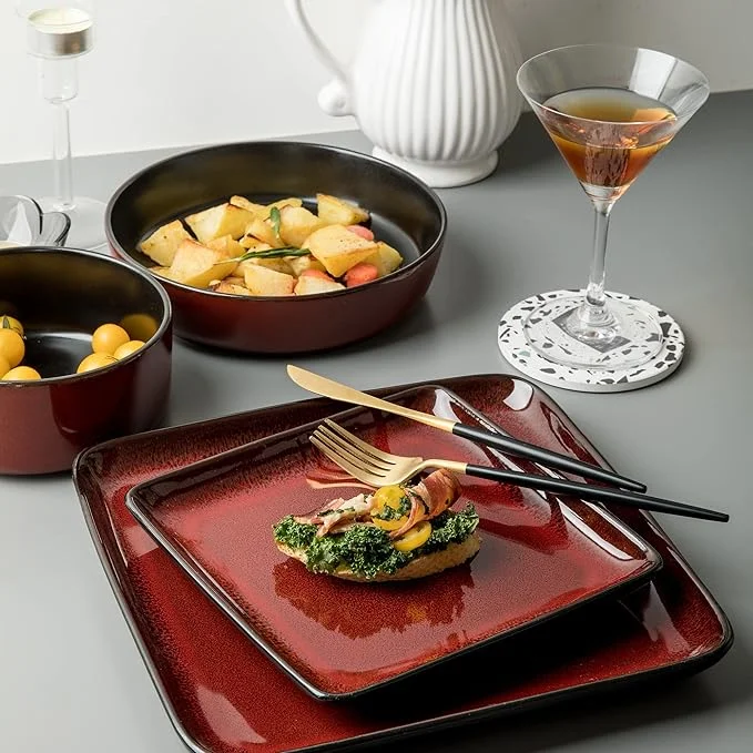 Square Stoneware 16pc Dinnerware Set for 4, Dinner Plates, Side Plates, Cereal Bowls, Mugs - Reactive Glaze Red