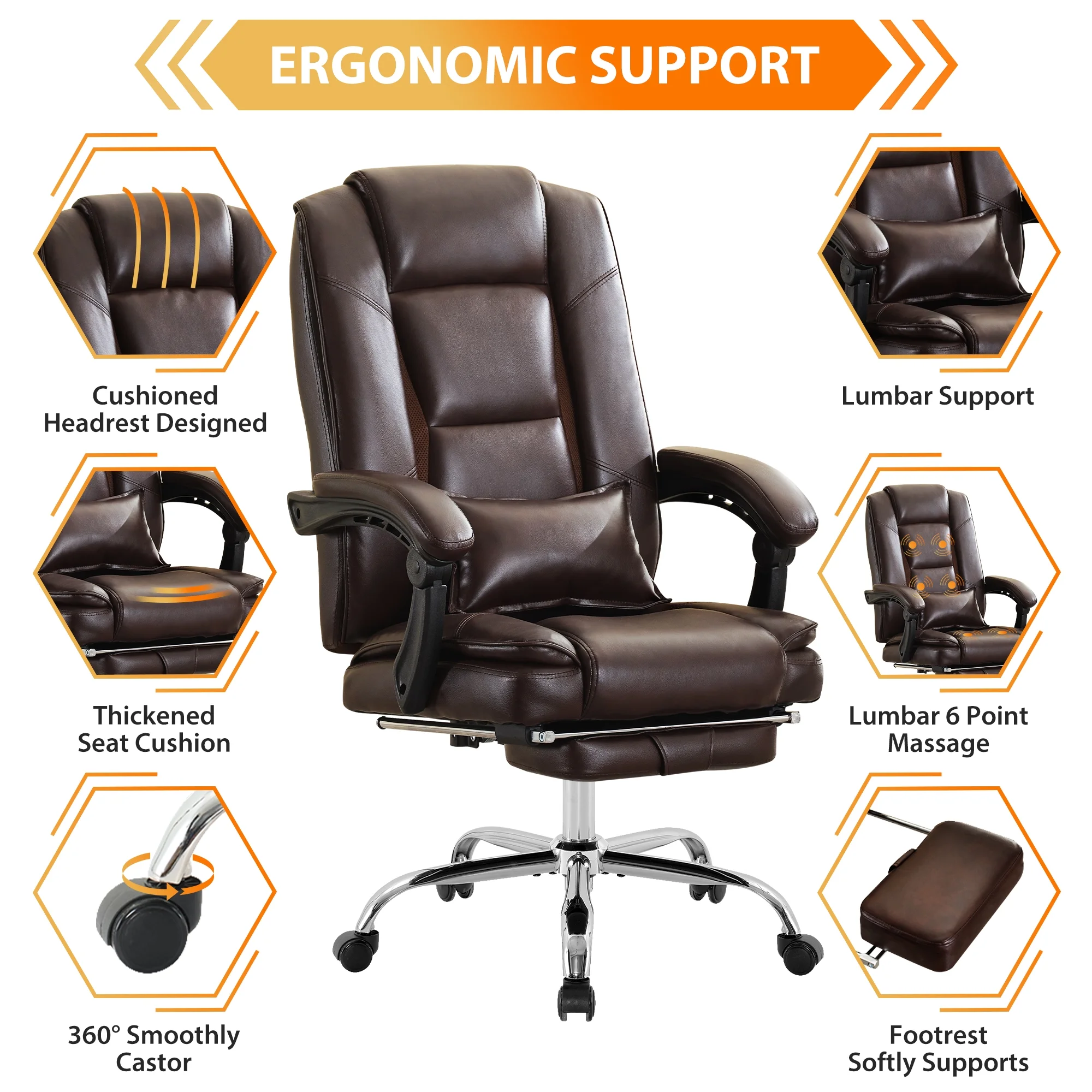 JONPONY Big and Tall Office Chair 500LBS Executive Office Chair Massage and Footrest Ergonomic Computer Desk Chair Reclining High Back Leather Office Chair Lumbar Back Support Swivel Rolling,Black