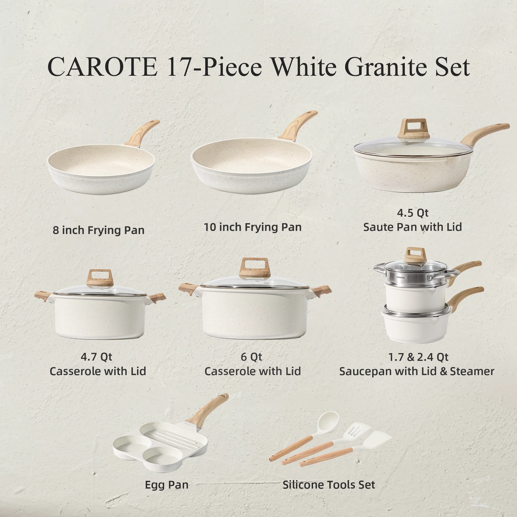Carote Nonstick Cookware Sets, 24 Pcs Granite Non Stick Pots and Pans Set, Induction Cookware, White