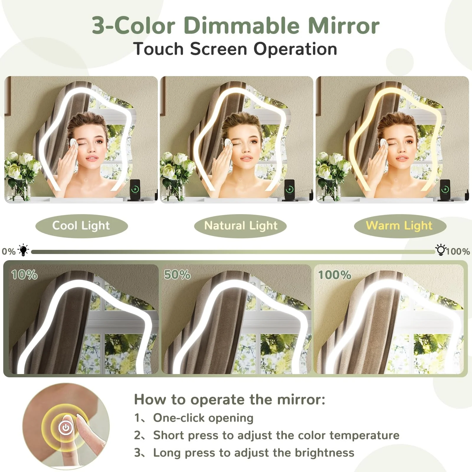 Tiptiper Makeup Vanity with Lights and Charging Station, Vanity Desk with 3-Color Touch Screen Lighted Mirror, White
