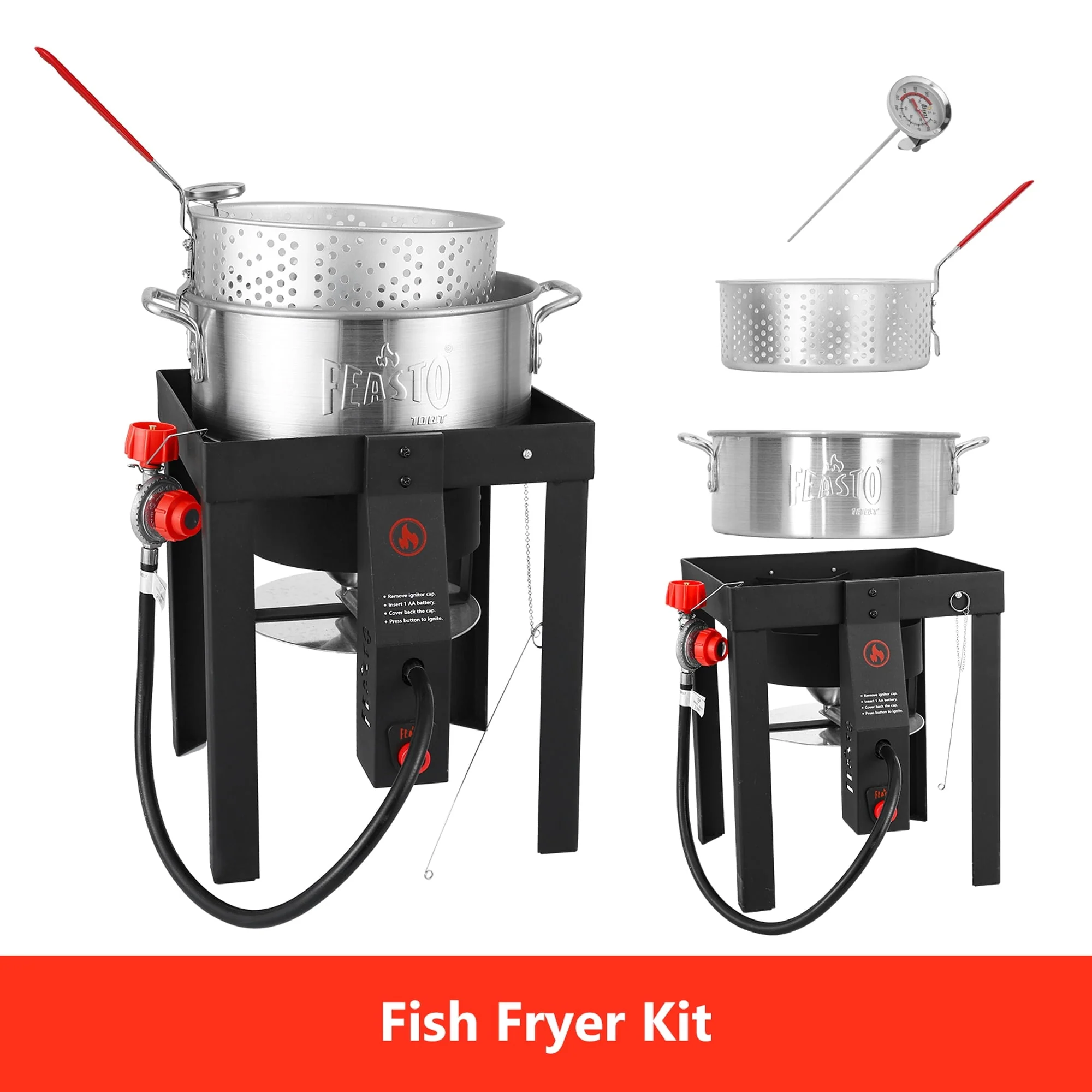 FEASTO Turkey Fryer and Fish Boiler Set with 30 Qt and 10 Qt Aluminum Pots Set, Auto Ignition,55000BTU Propane Burner for Outdoor Cooking