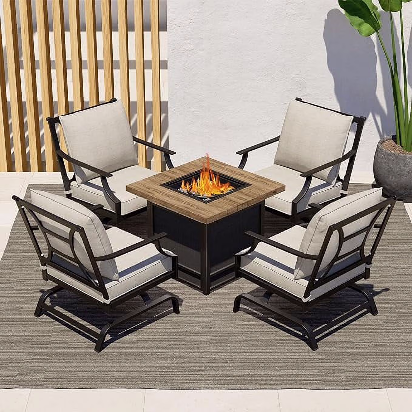 Grand Patio 5-Piece Patio Furniture Conversation Sets with Propane Fire Pit Table Cushioned Rocking Chairs Set of 4, Steel Frame, Gray
