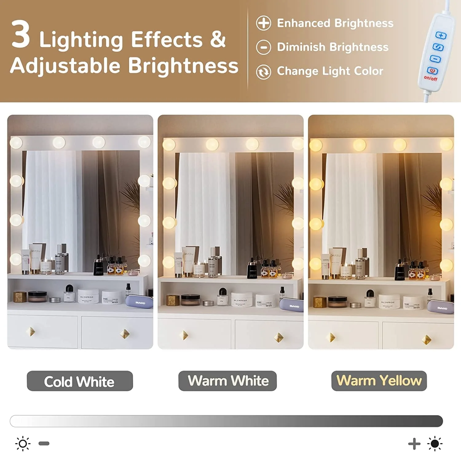 Vanity Desk with LED Lighted Mirror, Makeup Desk with 5 Storage Drawers & 6 Shelves, Vanity Table with Charging Station, Modern Dressing Table with 3 Color Lighting Options, White