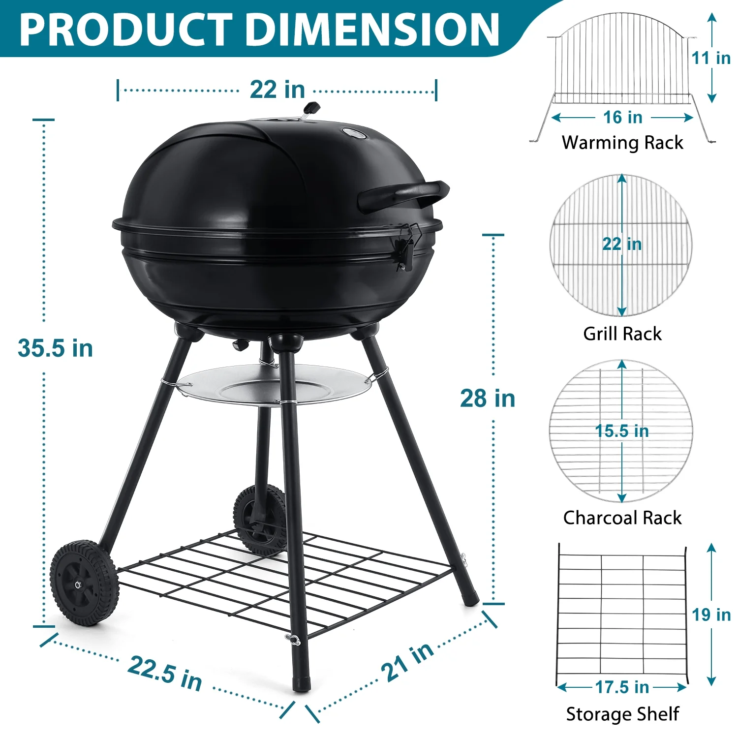 Walchoice 22 inch Charcoal Grill with Wheels & Temperature Gauge, 2 Layer Grilling Racks Heavy Duty Barbecue Grill for Backyard Camping BBQ Cooking, Black Enamel Lid & Bowl