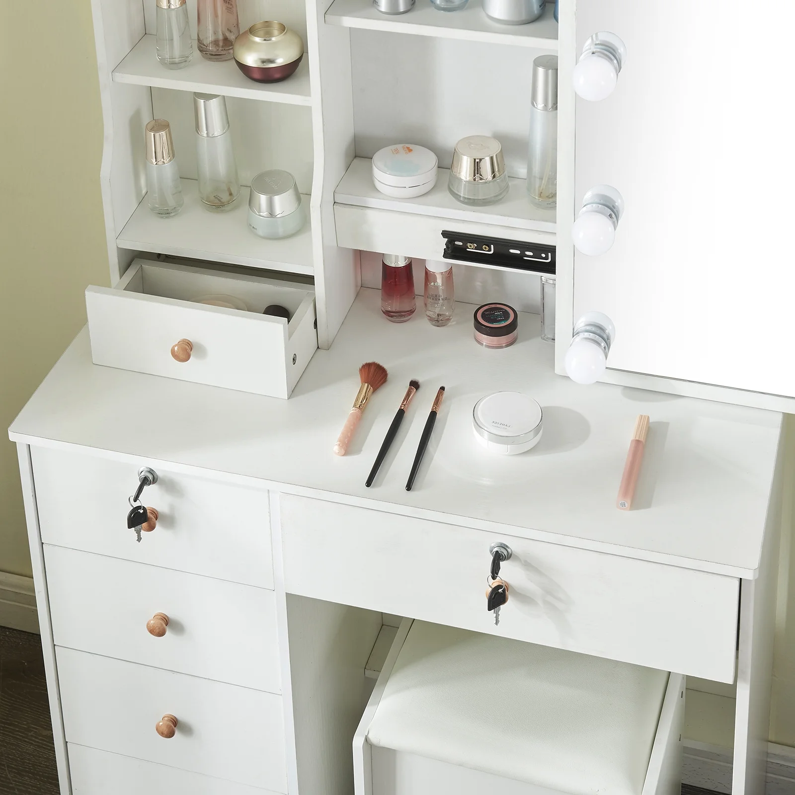 Yamissi Modern Makeup Vanity for Bedroom, Vanity Desk with LED Lighted Sliding Mirror and Stool, Makeup Table with Storage Shelves and Drawers, White