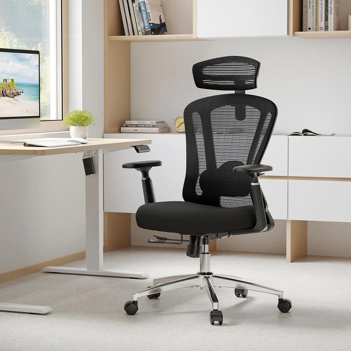 STARY Ergonomic Office Chair with Footrest, High Back Mesh Desk Chair with Adjustable Headrest & Lumbar Support, Comfortable Computer Chair for Home Office Study, White & Beige