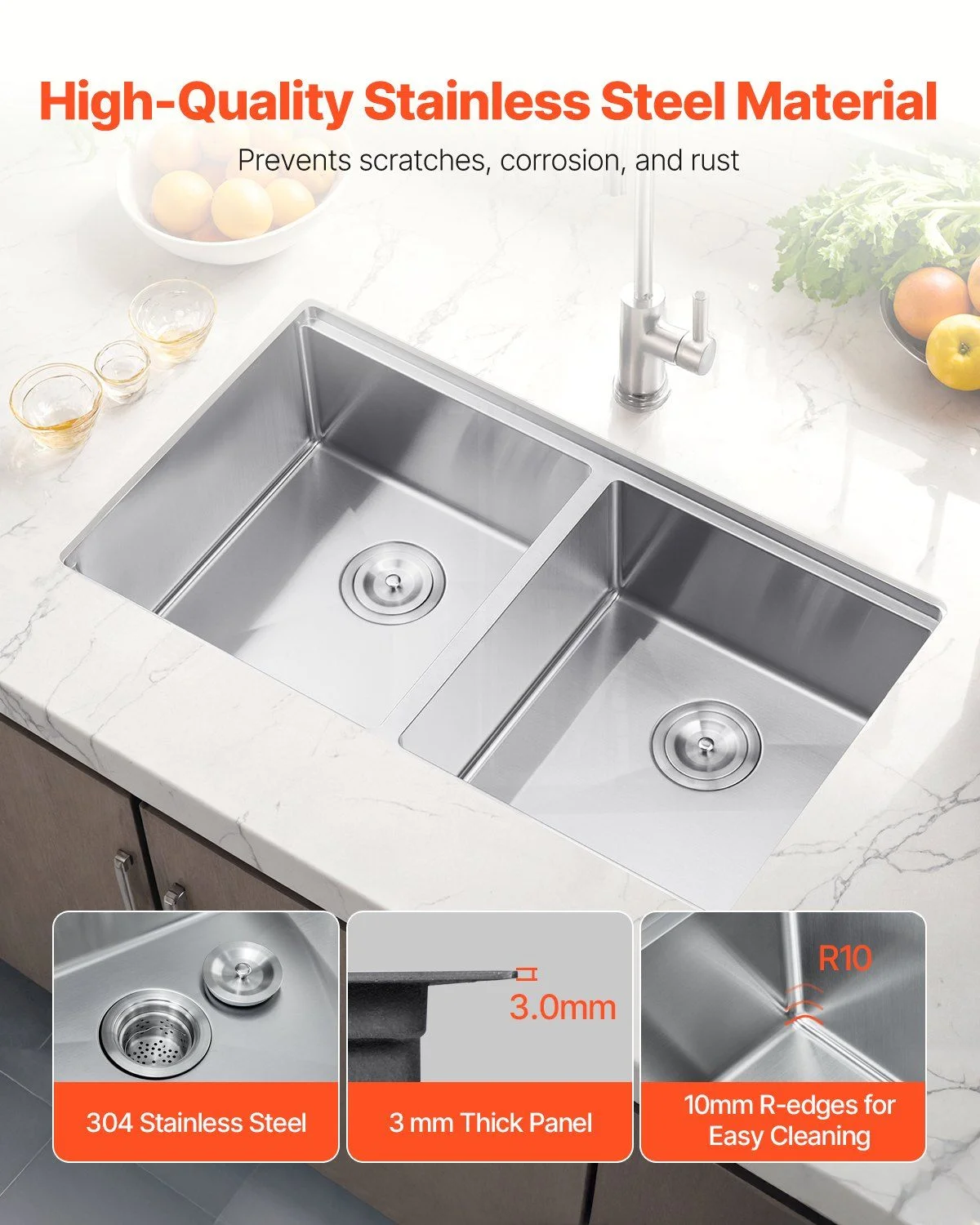 33-inch Undermount Double Bowl Kitchen Sink, Stainless Steel Drop-In Bar Sink