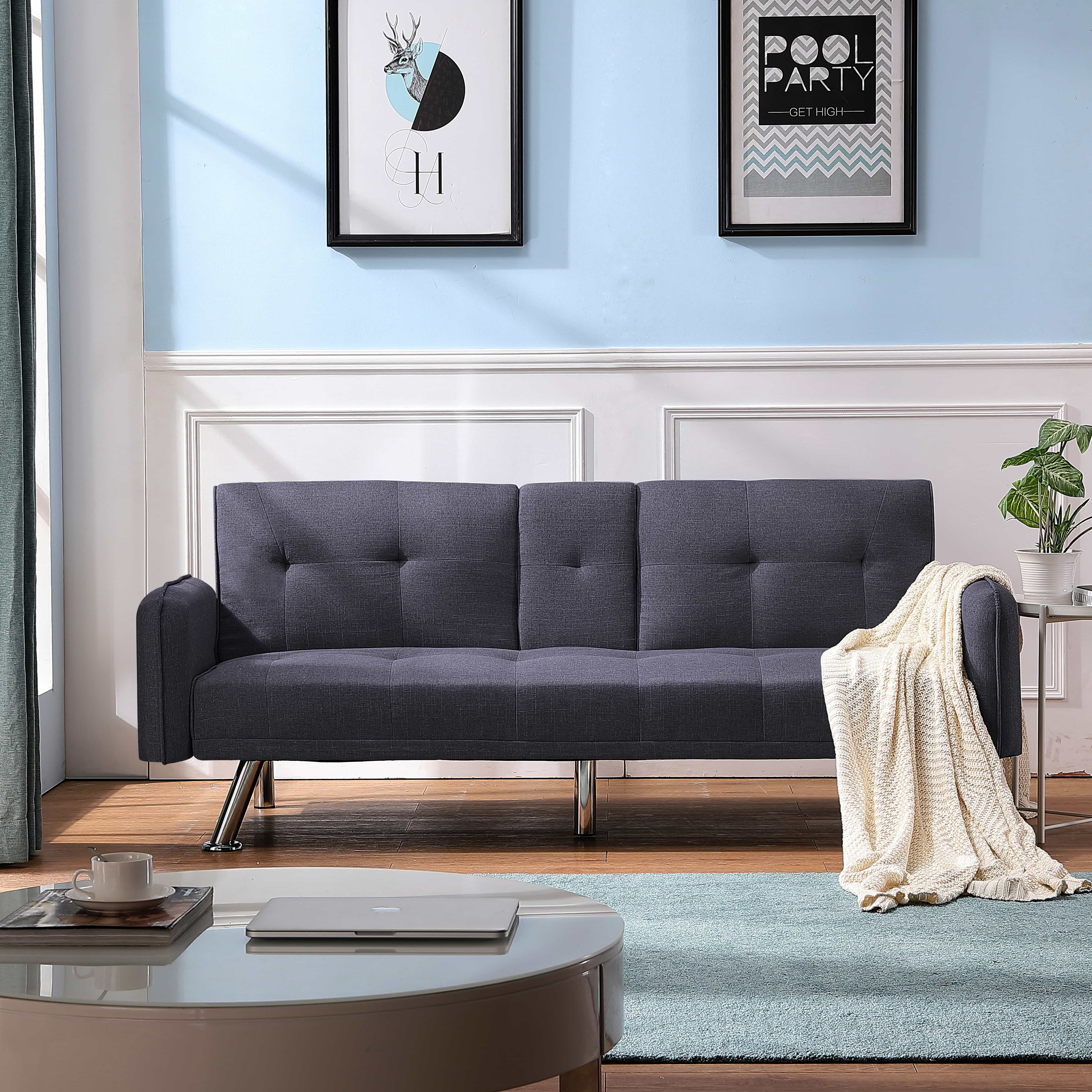 BSHTI 74.4�� Futon Sleeper Sofa Bed Features a Drop-Down Middle Backrest, Twin-Sized Futon Bed, Polyester Fabric, 3 Adjustable Backrest, Dark Gray