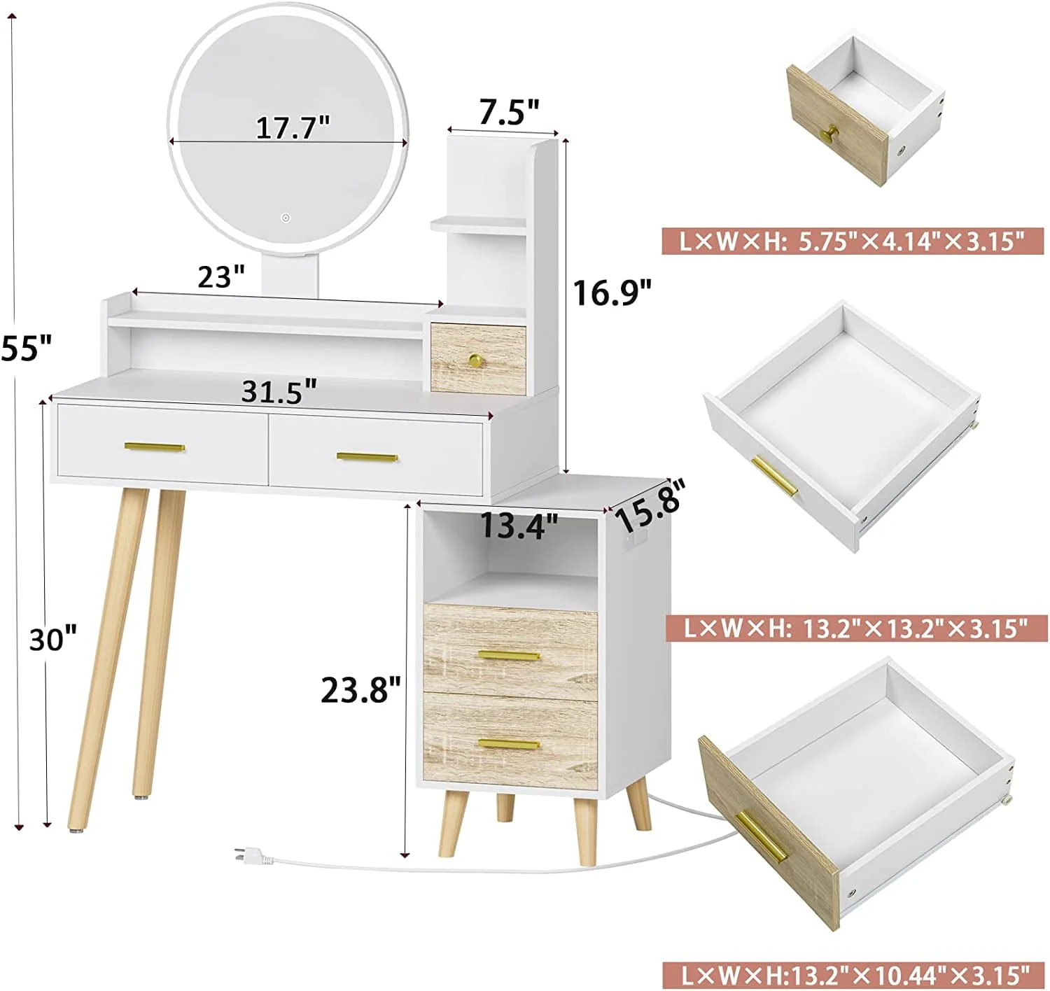 Tiptiper Vanity Mirror with Lights and Table Set, Makeup Vanity with 3 Color Lighting Modes and Charging Station, Vanity Desk with Nightstand and Open Shelves