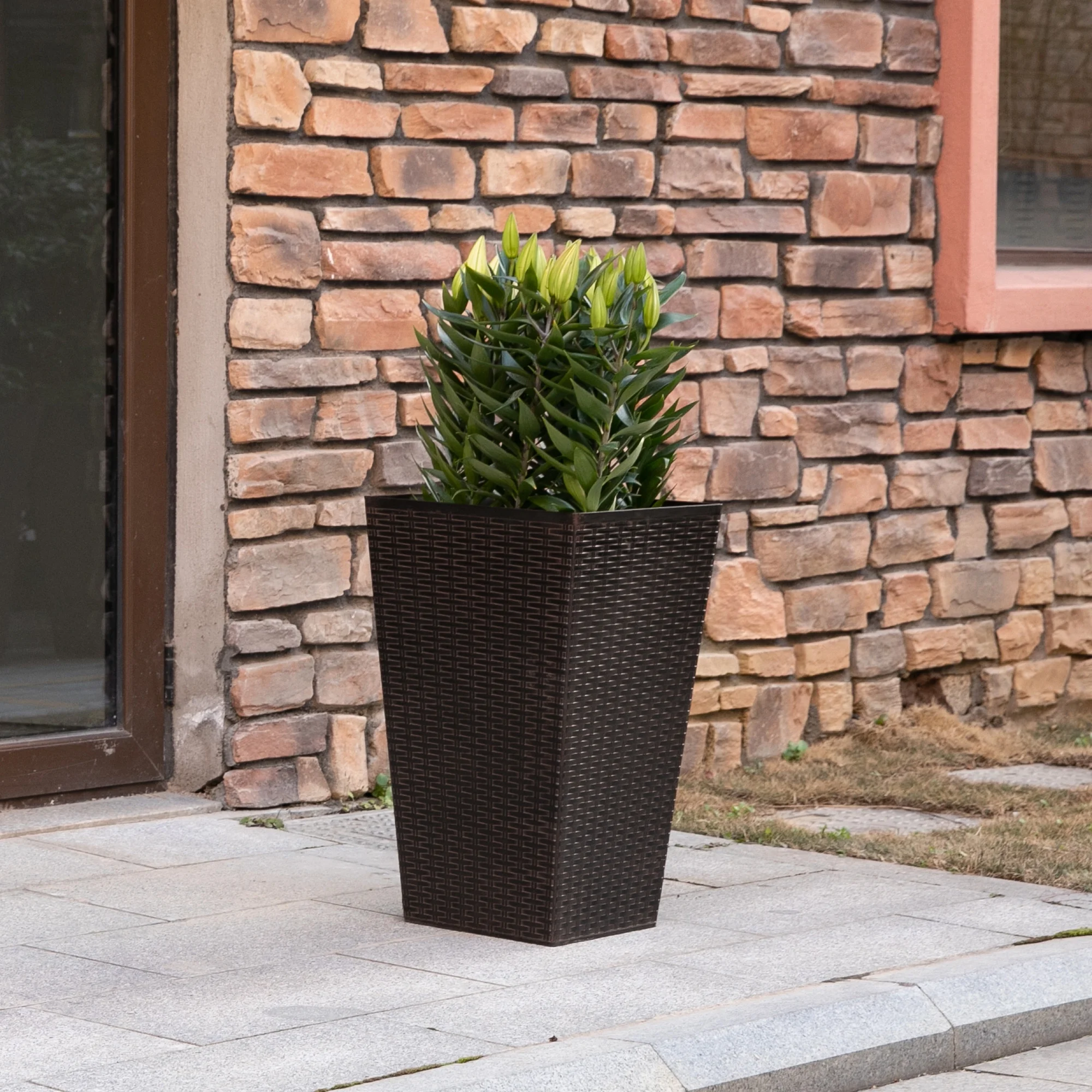 Outsunny Set of 3 Tall Planters with Drainage Hole, Outdoor Flower Plant Pots, Indoor Planters for Porch, Front Door, Entryway, Patio and Deck, Black