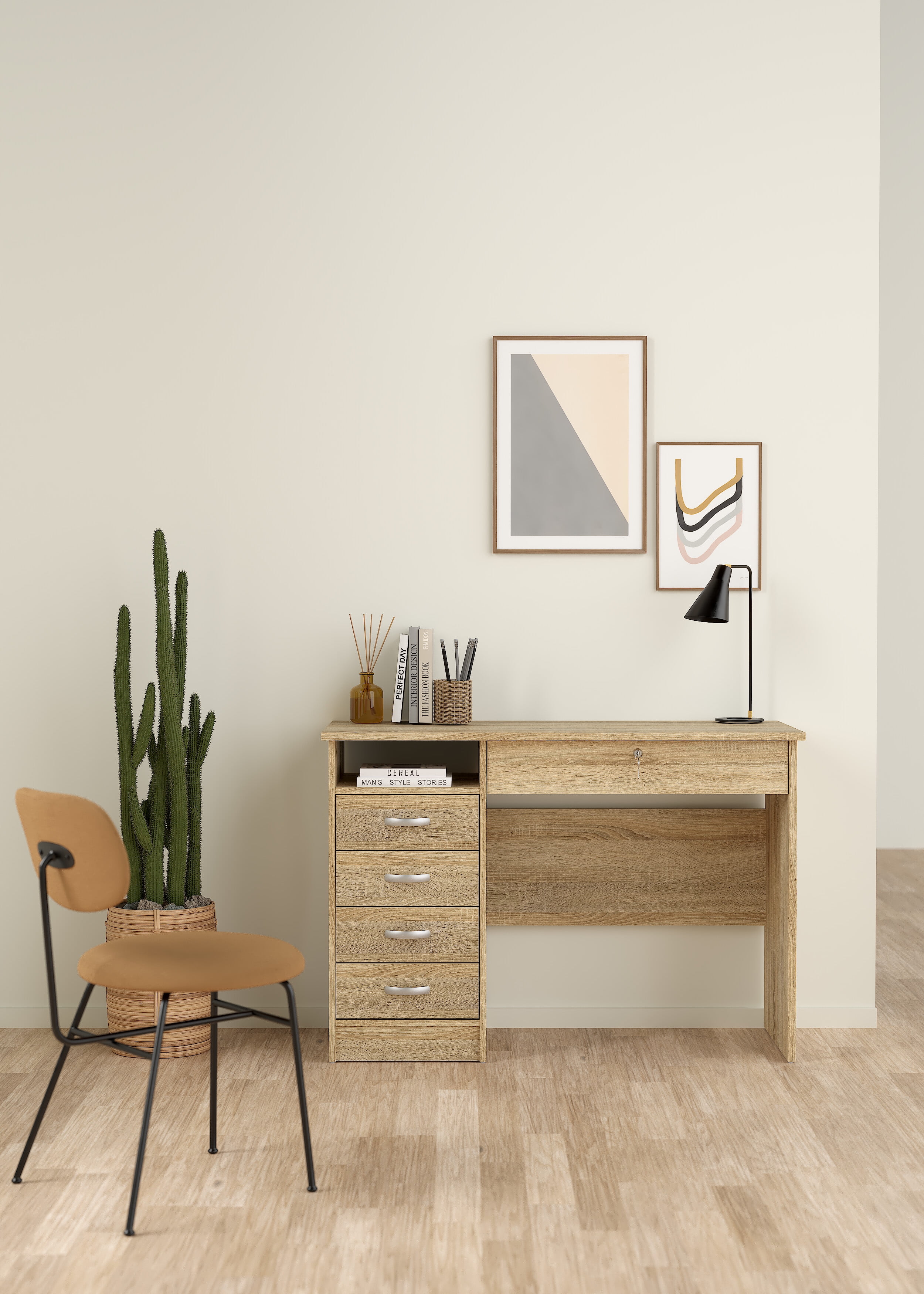 Tvilum Walden 5 Drawer Desk with 1 Locking Drawer for Adults, Oak Finish