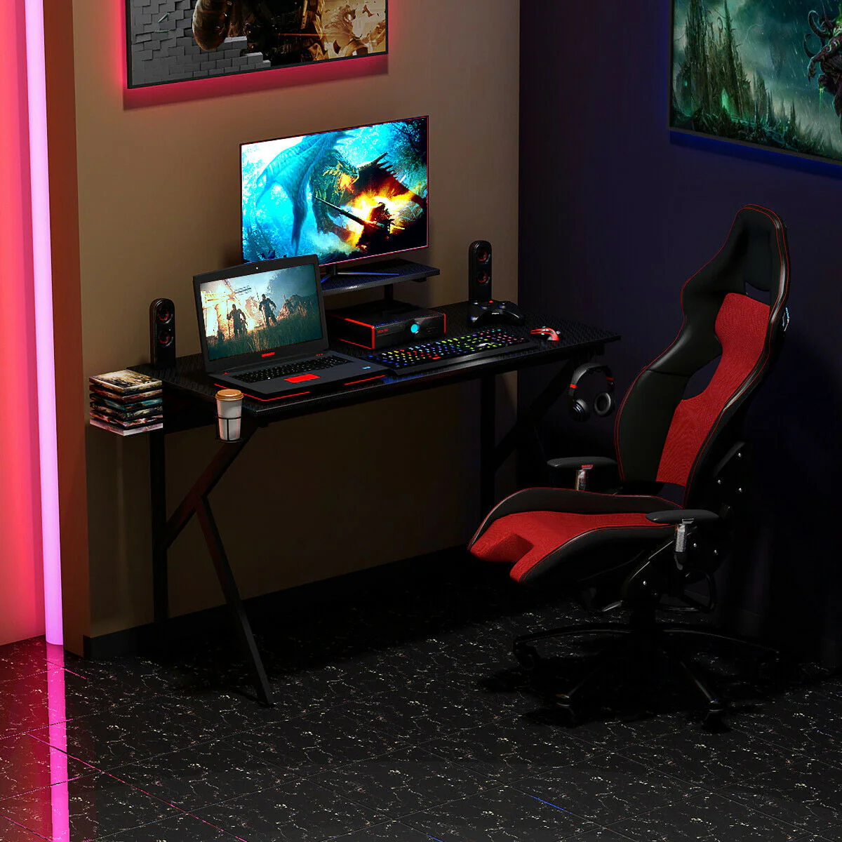 Gymax Gaming Desk Computer Desk PC Table Workstation with Cup Holder & Headphone Hook