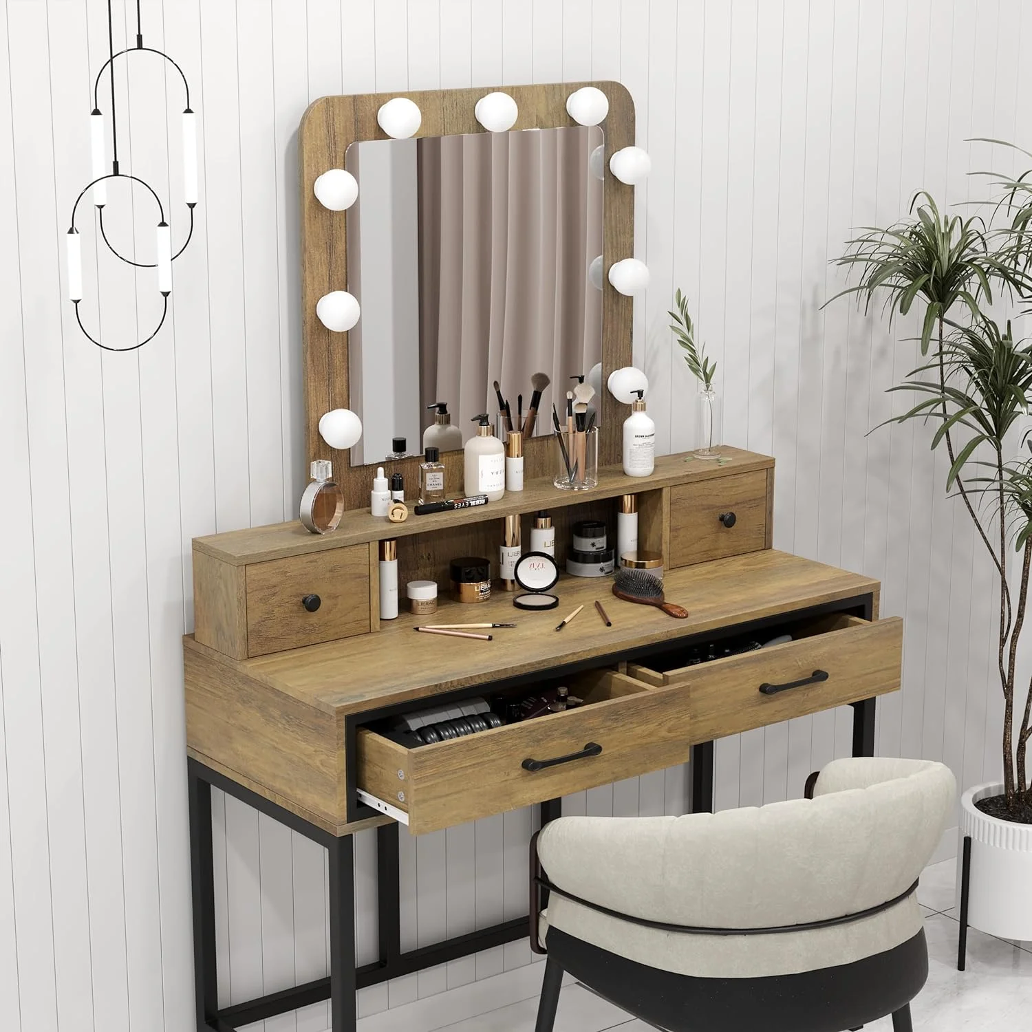Heynemo Makeup Vanity with 3 Color Dimmable Lighted Hollywood Mirror, Vanity Table with 4 Drawers for Women Girls, Dressing Desk for Bedroom, Beauty Room, Brown