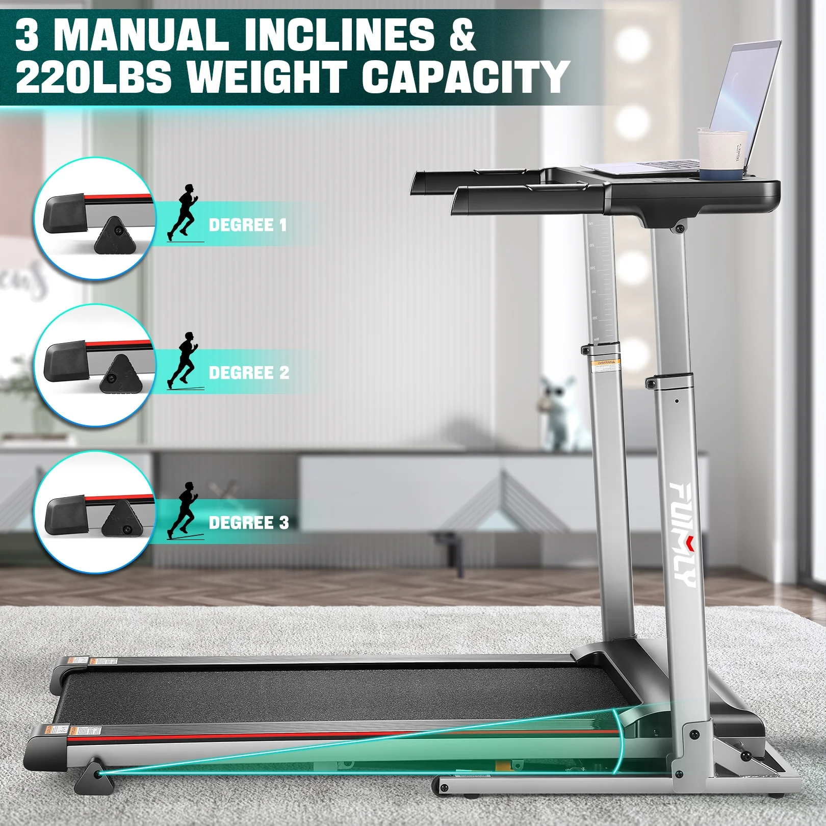 Ancheer Folding Treadmill with Incline, Treadmill with Adjustable Height Desk & Removable iPad Holder,Speed Range 0.6-7.5 mph,300 LBS Weight Capacity