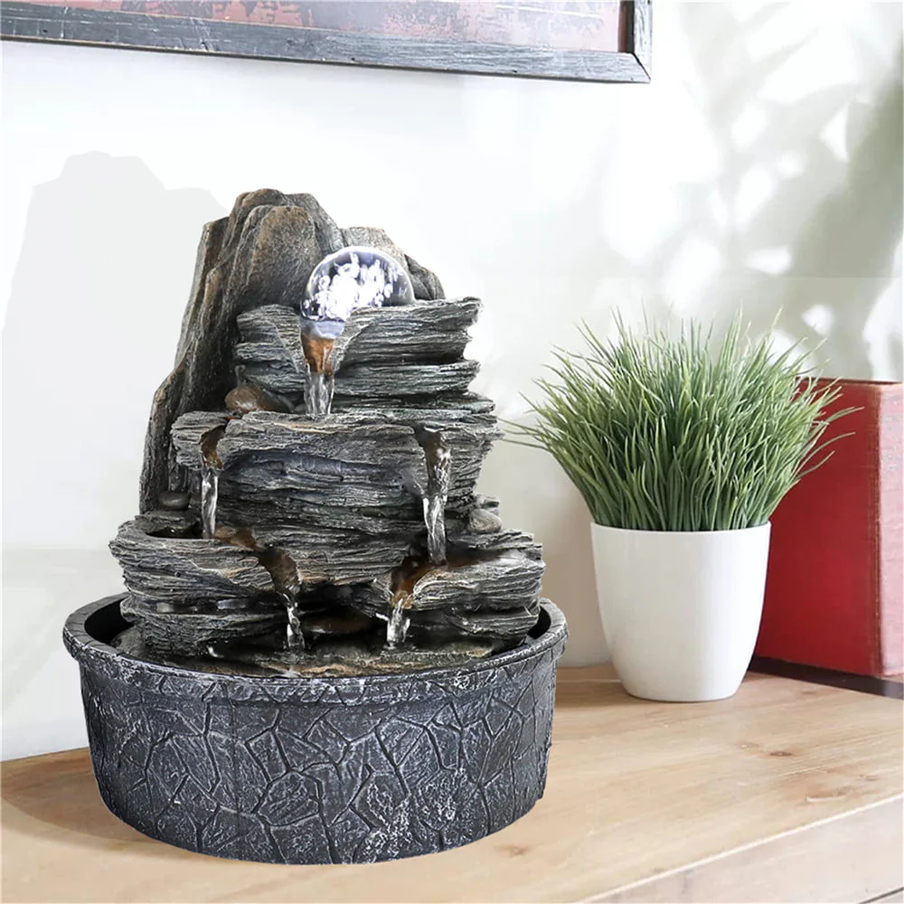 Indoor Water Fountain Tabletop with LED Light, Crystal Ball - 3 Step Zen Modern Portable Rock Waterfall Fountain for Office Desktop Decor