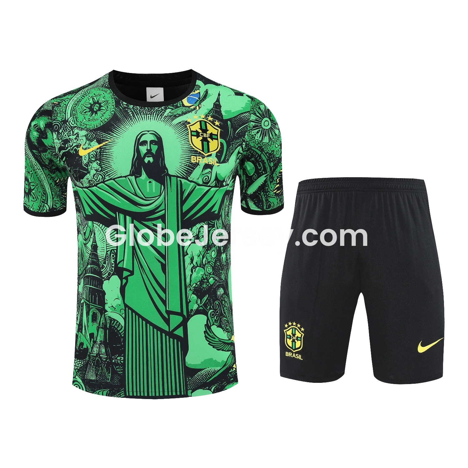 Brazil 25-26 Green Jesus Statue Short-Sleeve Training Set - Green Top & Black Shorts