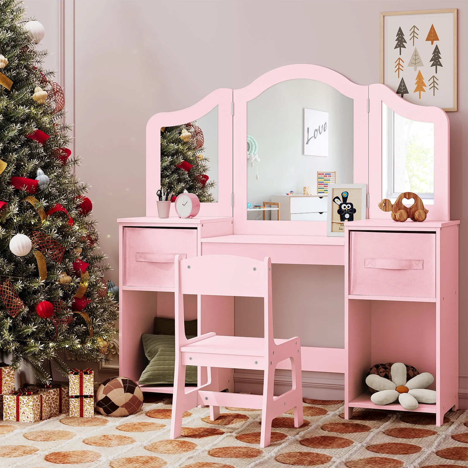 Arlopu Kids Vanity Set with Stool, Wooden Makeup Vanity Desk Children Dressing Table with Chair, Tri-Folding Mirror, Storage Cabinet & Drawers