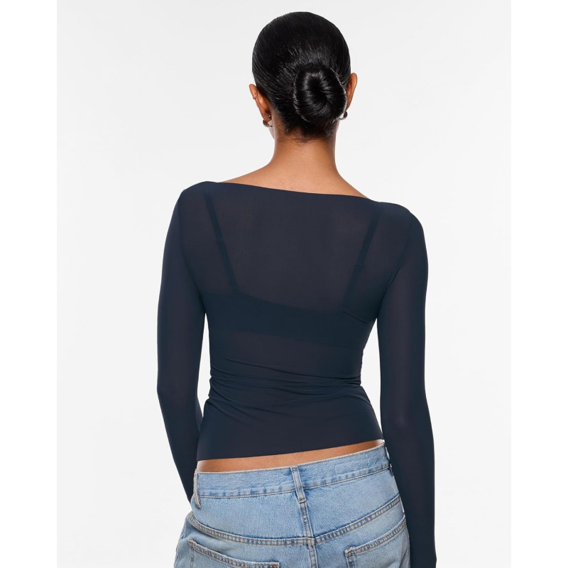 Women's Cosnufy Mesh Sheer Long Sleeve Tops See