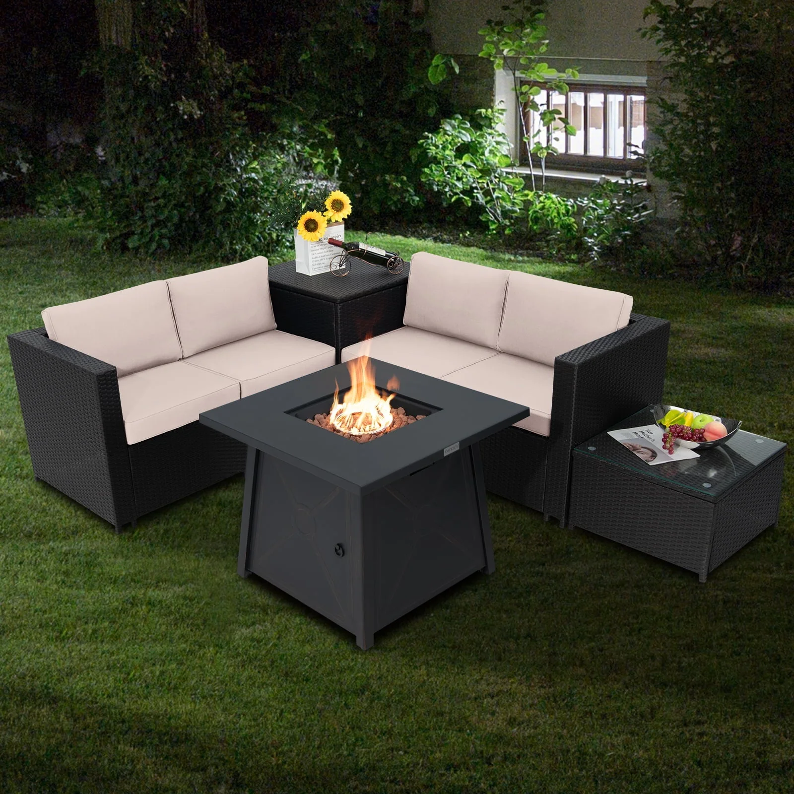 Topbuy 5-Piece Outdoor Patio Furniture Set with 50,000 BTU Propane Fire Pit Table Patio PE Wicker Conversation Set with Cushions Storage Box and Tempered Glass Coffee Table Beige